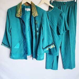 NANCY BOLEN CITY GIRL 3PC JACKET TOP PANT SET TEAL BLUE‎ ART DECO ARTSY M/L 90S